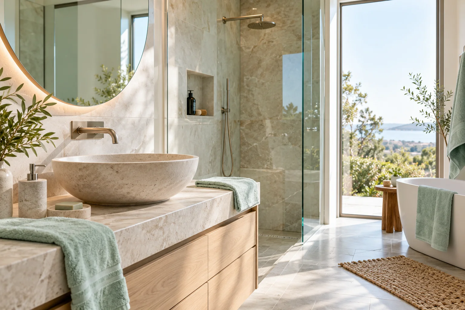 Bright bathroom with stone and glass surfaces Bright bathroom with stone and glass surfaces