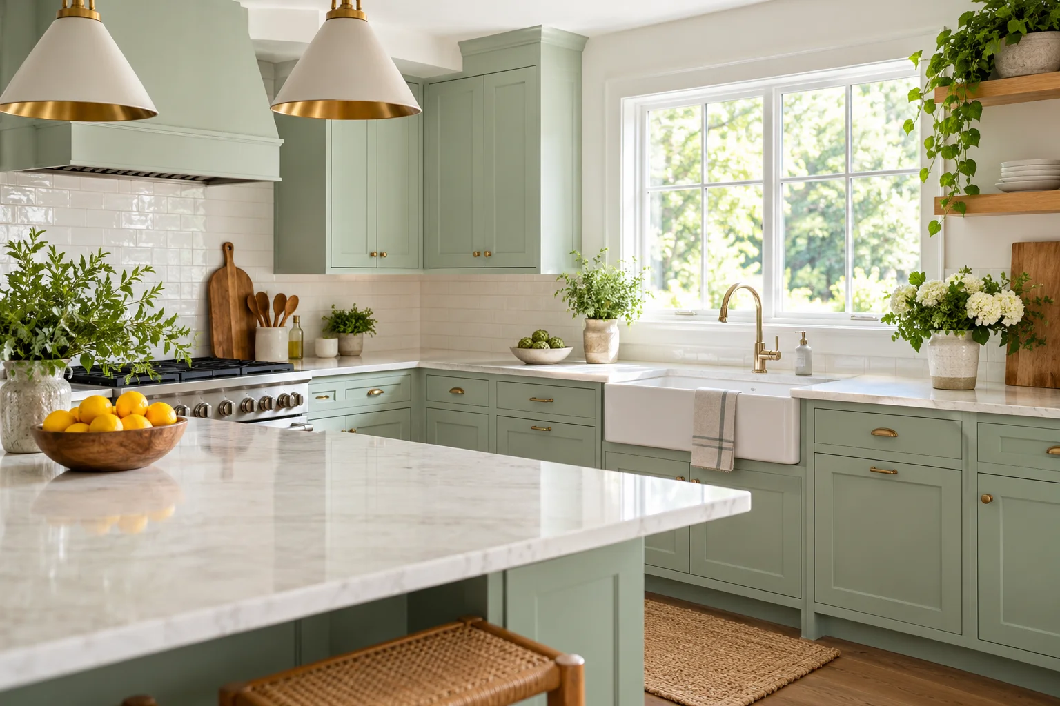 Clean kitchen with mint cabinetry Clean kitchen with mint cabinetry