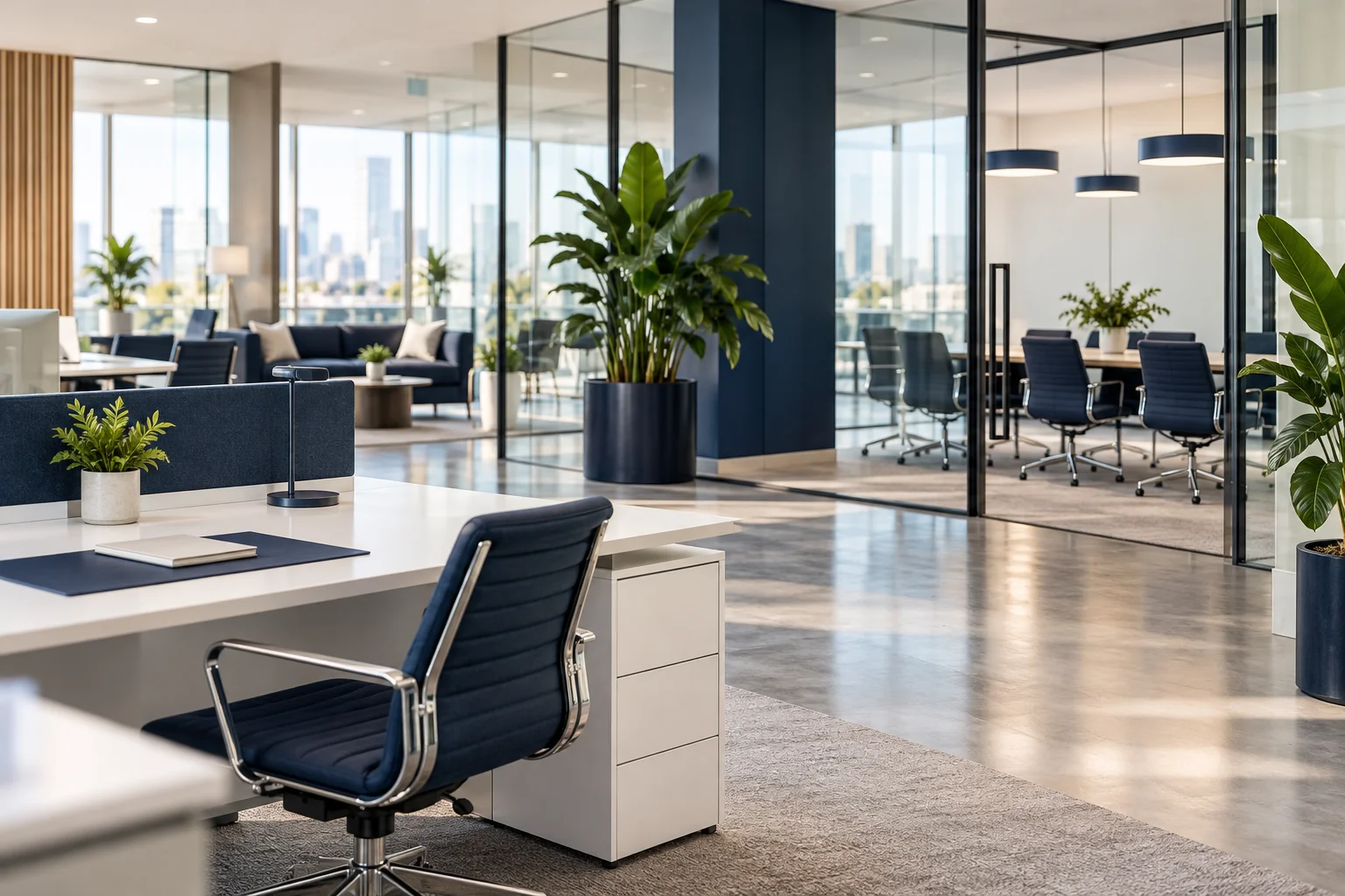 Organised office with daylight and clear workspaces
